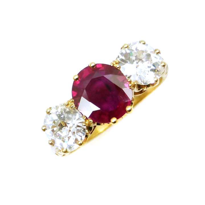 19th century Burma ruby and diamond three stone ring